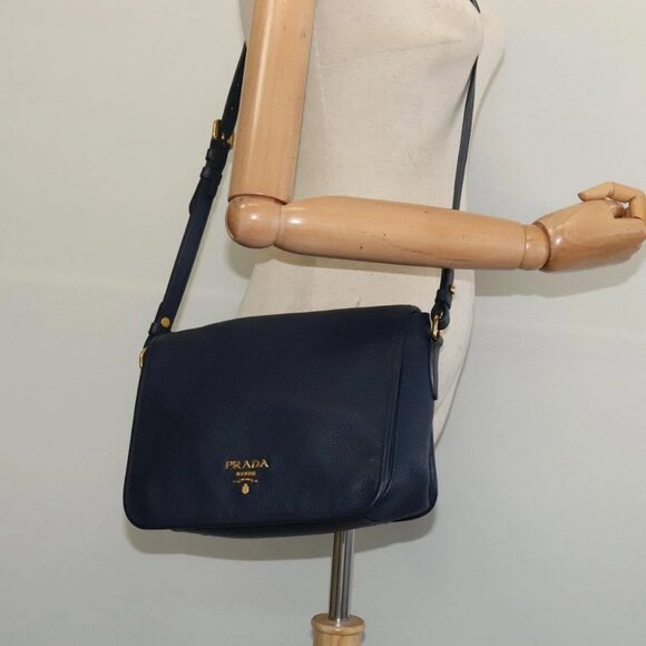 PRADA Shoulder Bag Leather Navy Gold 1BD091 Auth - Picture 1 of 15